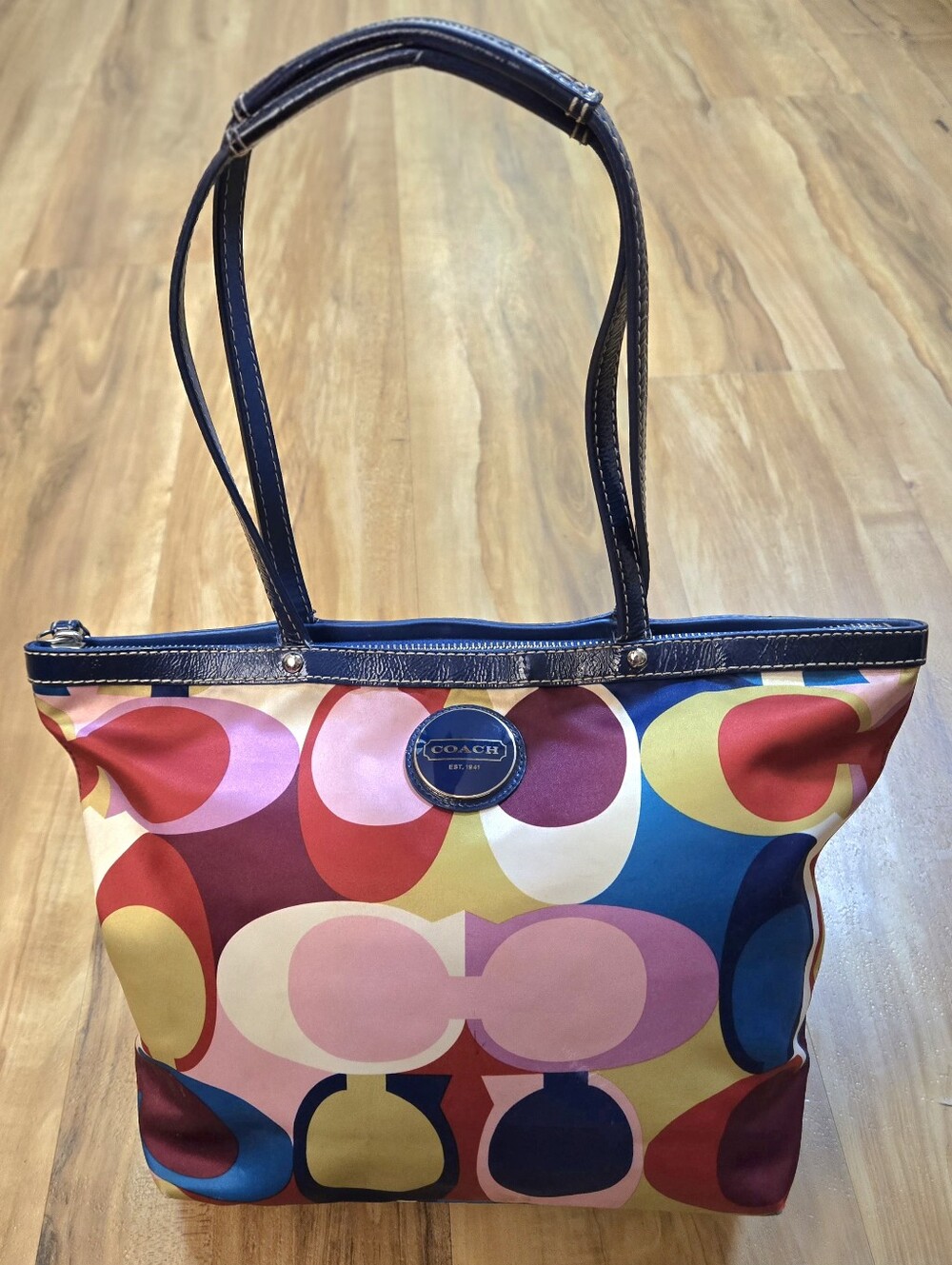 Authentic Vintage Coach Optic Signature C Multicolor Scarf Print Satin Tote Bag